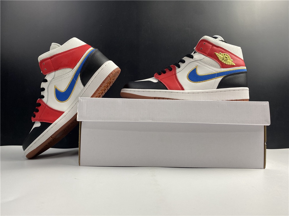 Air Jordan 1 Mid Sail Red Blue Gold